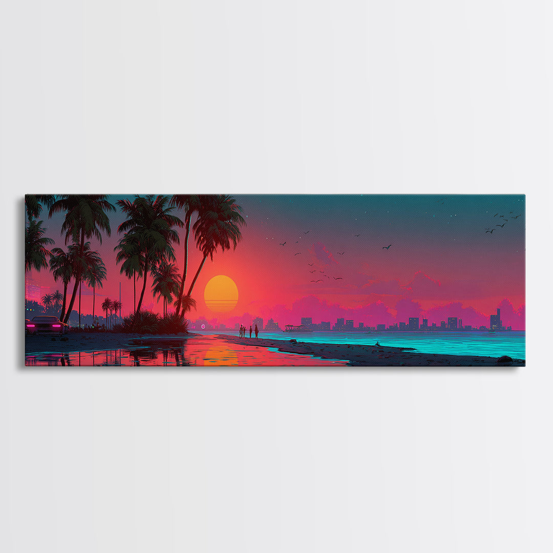 Neon Tropical City Beach Sunset Wall Art, Synthwave Ocean Skyline, Retro Futuristic Large Horizontal Coastal Living Room Decor