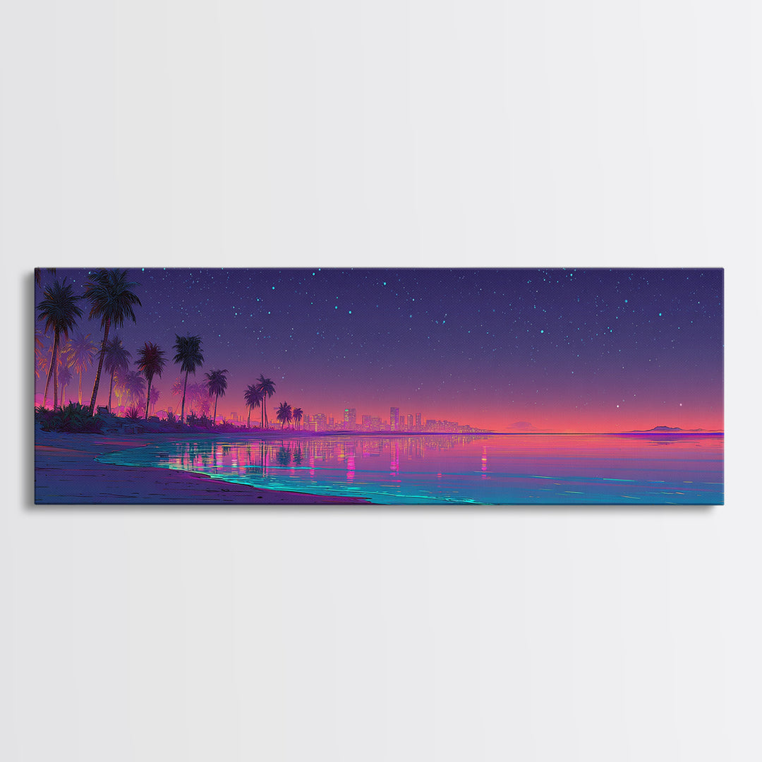 Neon Tropical Beach Skyline Under Stars, Coastal Canvas Print, Cityscape Wall Art, Beach House Decor, Modern Home Decor Print