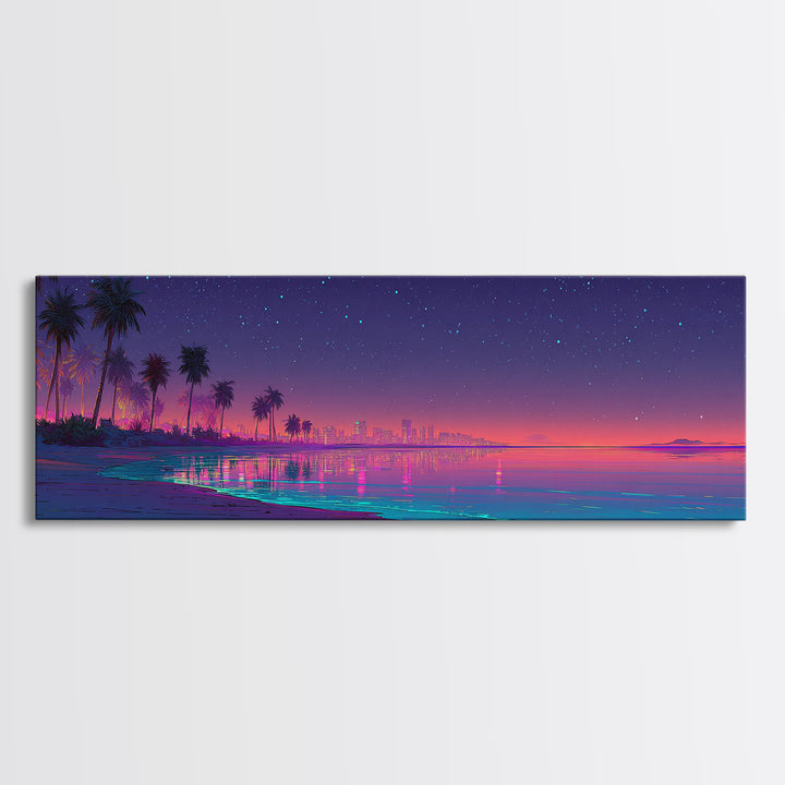 Neon Tropical Beach Skyline Under Stars, Coastal Canvas Print, Cityscape Wall Art, Beach House Decor, Modern Home Decor Print