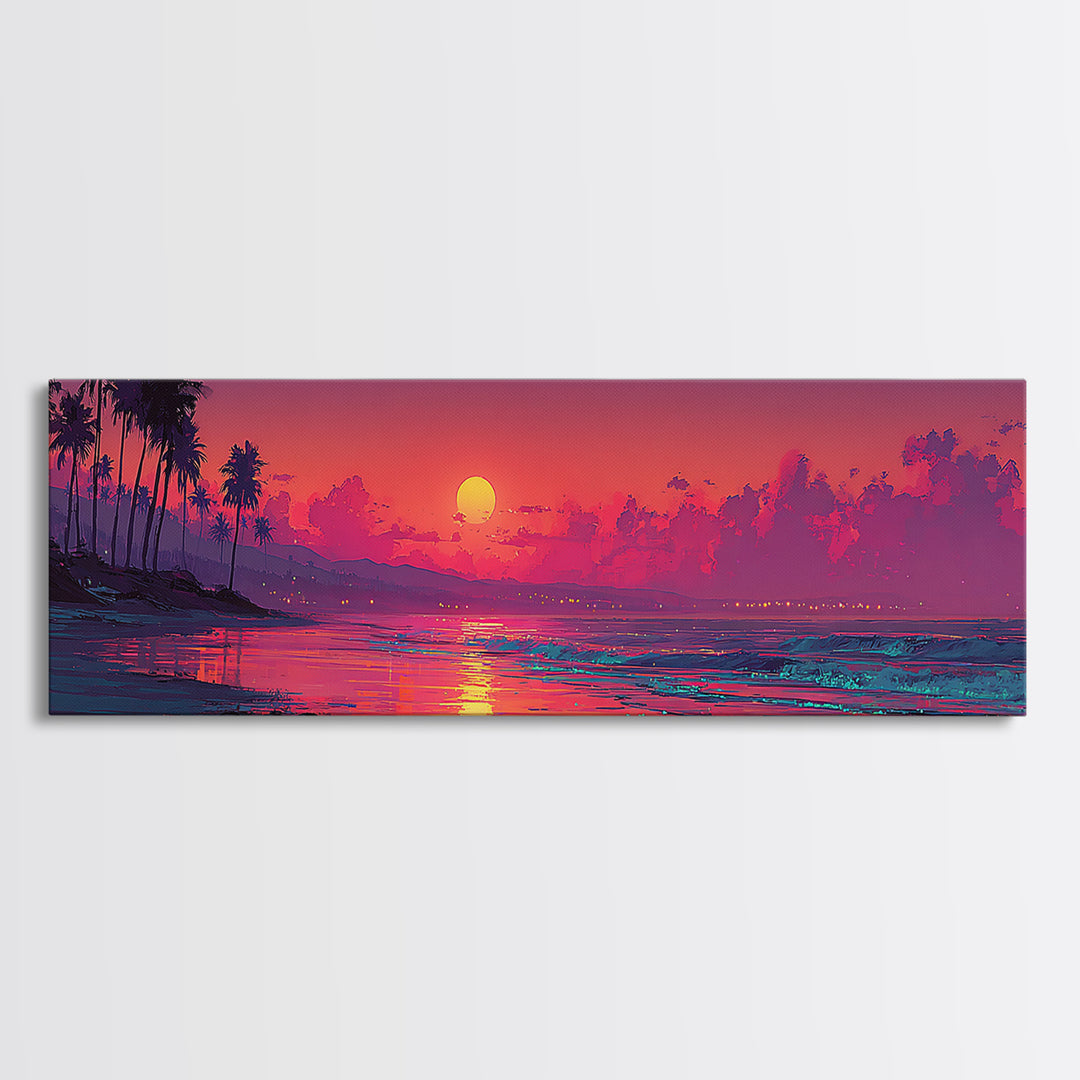 Magenta Tropical Beach Sunset Wall Art, Coastal Seascape Canvas Print, Palm Tree Decor, Summer Vibes, Living Room Poster