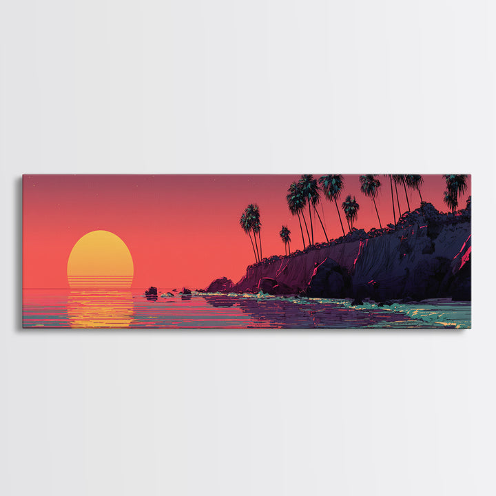 Retro Pixel Palm Beach Sunset Wall Art, Vaporwave Ocean Landscape Print, Tropical Coastal Decor, Long Horizontal Canvas Print