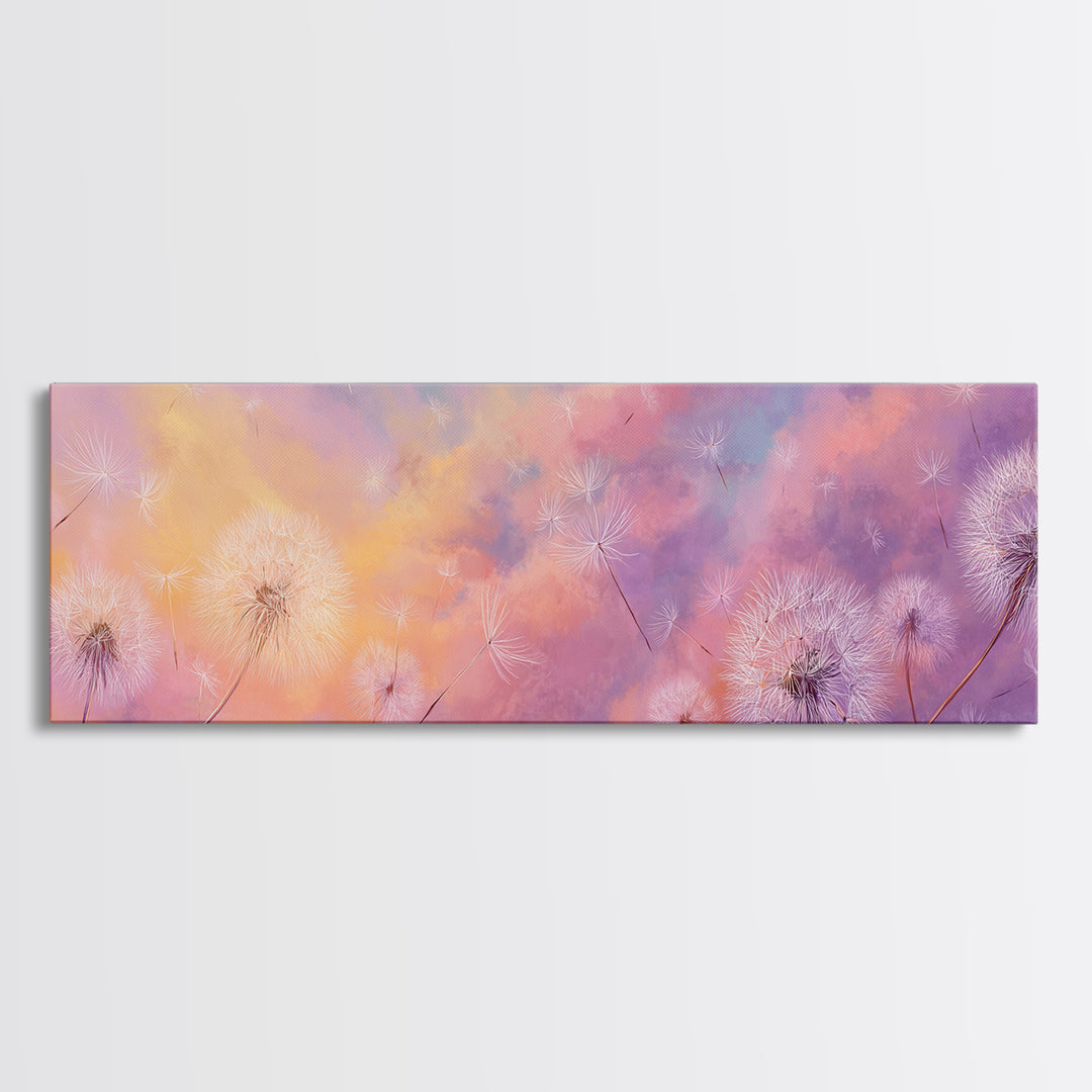 Pastel Dandelion Wishes Wall Art, Dreamy Wildflower Sky Print, Soft Floral Nursery Decor, Whimsical Bedroom Canvas Art, Gift For Her