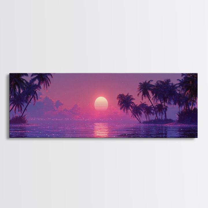 Retro Tropical Sunset Lagoon With Palm Trees Canvas Print, Vaporwave Ocean Wall Art, Coastal Decor, Beach House Gift For Her