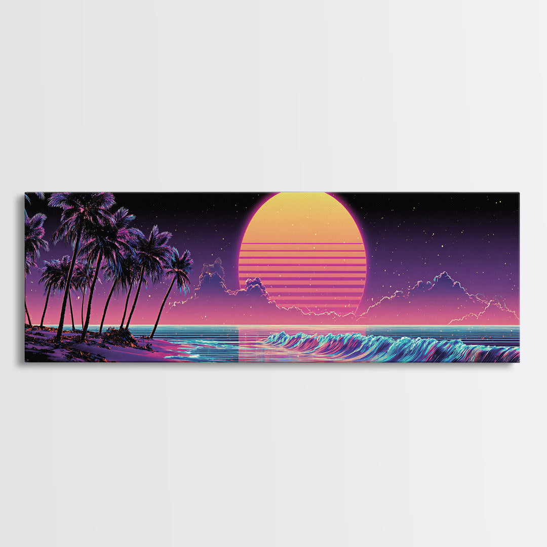 Neon Tropical Beach Sunset Canvas Print, Retro Palm Tree Ocean Wave Wall Decor, Vaporwave Coastal Art For Living Room Modern Home Decor