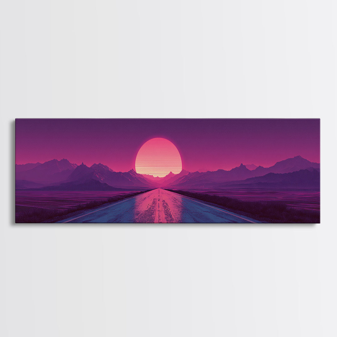Magenta Desert Road Wall Art, Retro Futuristic Mountain Sunset Canvas Print, Synthwave Decor, Large Horizontal Wall Art Print