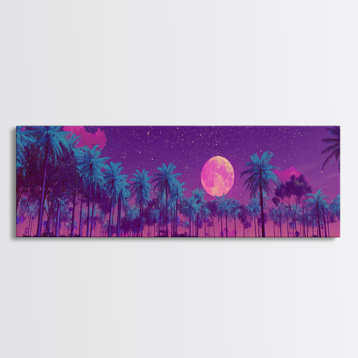 Magenta Moonlit Palm Forest Wall Art, Tropical Night Landscape, Celestial Decor, Purple Jungle, Boho Bedroom Wall Decor, Canvas Print