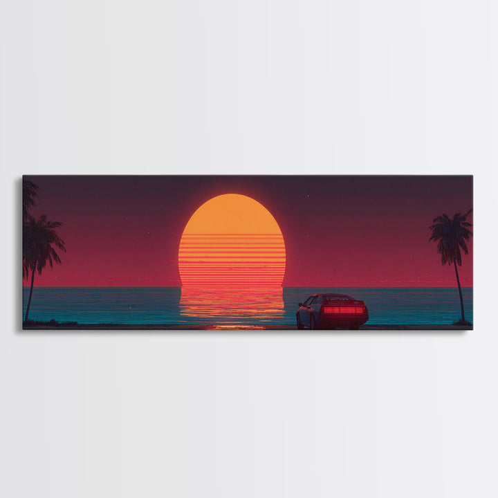 Retro Car At Neon Ocean Sunset Canvas Print, Synthwave Wall Art, Vaporwave Beach Decor, Masculine Office Art Gift For Him