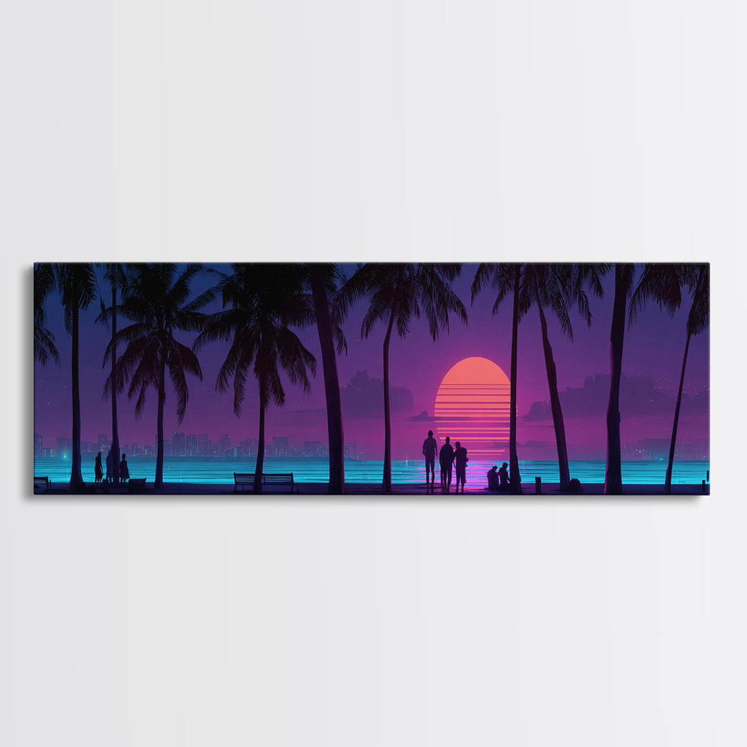 Retro Tropical Beach Sunset Canvas Print, Palm Tree Wall Art, Coastal Wall Decor, Purple Pink Modern Bedroom Wall Art Print