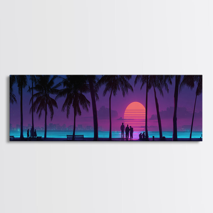 Retro Tropical Beach Sunset Canvas Print, Palm Tree Wall Art, Coastal Wall Decor, Purple Pink Modern Bedroom Wall Art Print