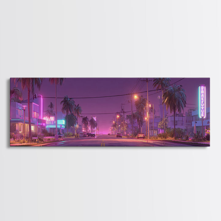 Neon Palm Street At Dusk Canvas Print, Retro Miami Cityscape, Cyberpunk Wall Art, Vaporwave Decor For Living Room Modern Home Decor
