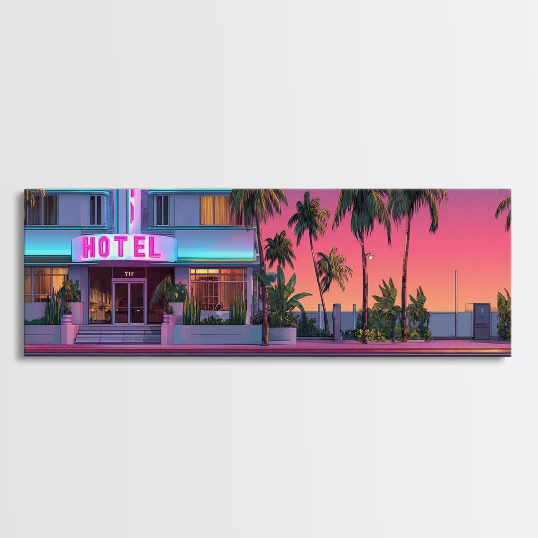 Neon Pink Hotel Facade Wall Art, Retro Miami Palm Canvas Print, Tropical Travel Poster Decor, Coastal Motel Room Print Home Decor Gift