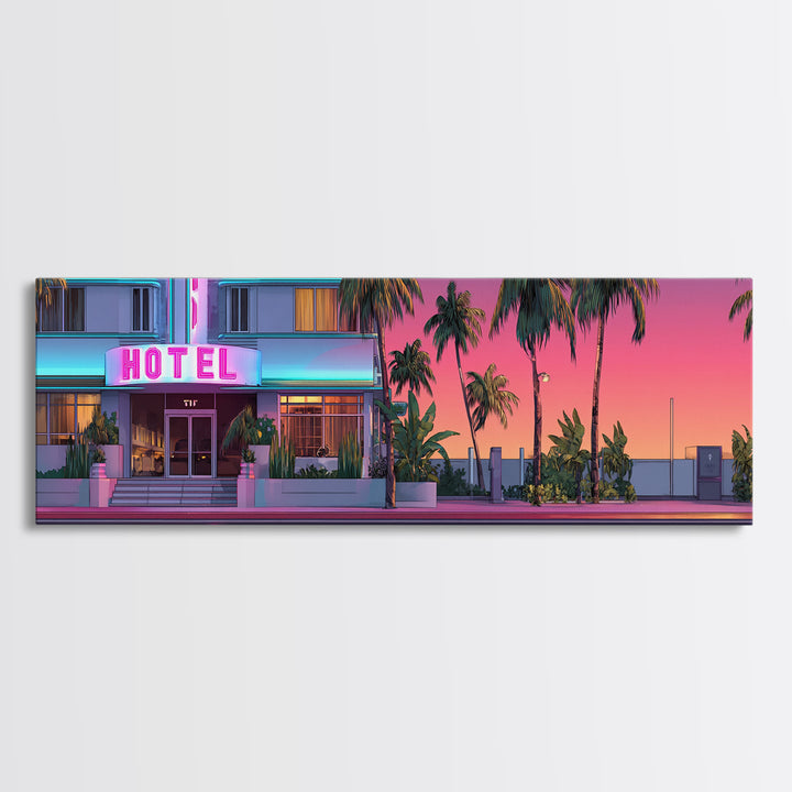 Neon Pink Hotel Facade Wall Art, Retro Miami Palm Canvas Print, Tropical Travel Poster Decor, Coastal Motel Room Print Home Decor Gift