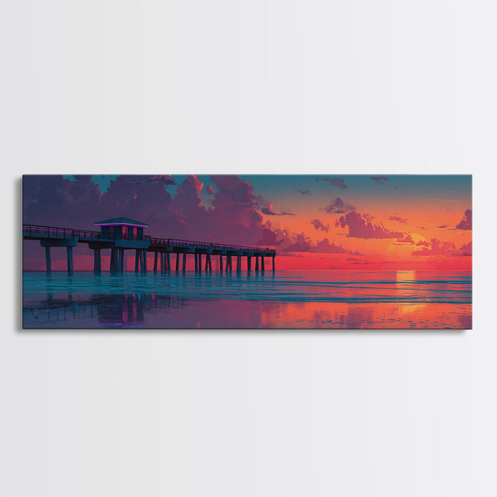 Sunset Pier Ocean Reflection Canvas Print, Coastal Wall Art, Beach House Decor, Seascape Painting, Nautical Living Room Art
