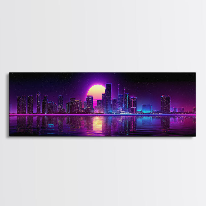 Neon City Skyline Moonrise Canvas Print, Purple Cyberpunk Wall Art, Miami Nightscape, Vaporwave Living Room Modern Home Decor