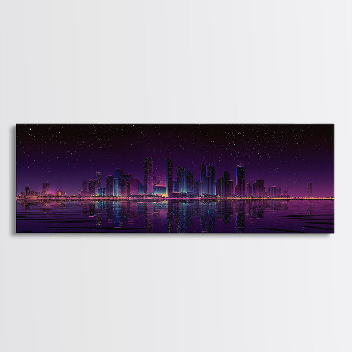 Starry Purple City Skyline Canvas Print, Panoramic Urban Night Wall Art, Modern Office Decor, Large Cityscape Poster Print