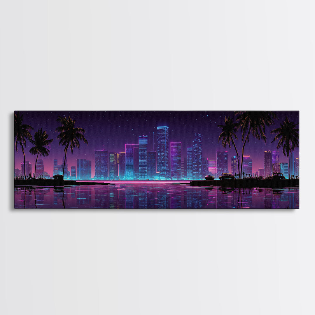Neon Tropical City Skyline Canvas Print, Cyberpunk Wall Art With Palm Trees, Vaporwave Decor For Gaming Room And Apartment Decor
