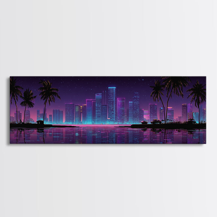 Neon Tropical City Skyline Canvas Print, Cyberpunk Wall Art With Palm Trees, Vaporwave Decor For Gaming Room And Apartment Decor