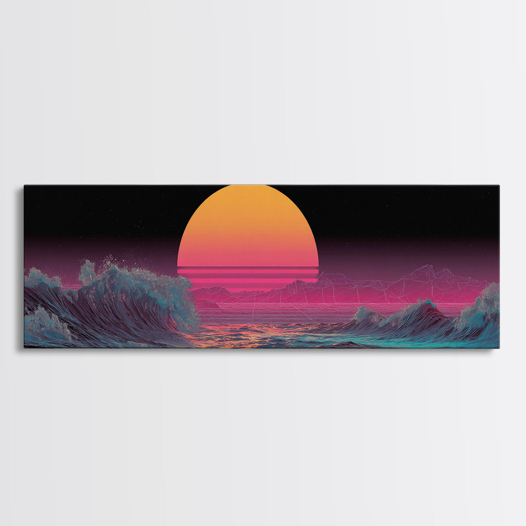 Retro Synthwave Ocean Sunset Wall Art, Neon Seascape Print, Vaporwave Coastal Decor, Futuristic Waves, Modern Gaming Room Art