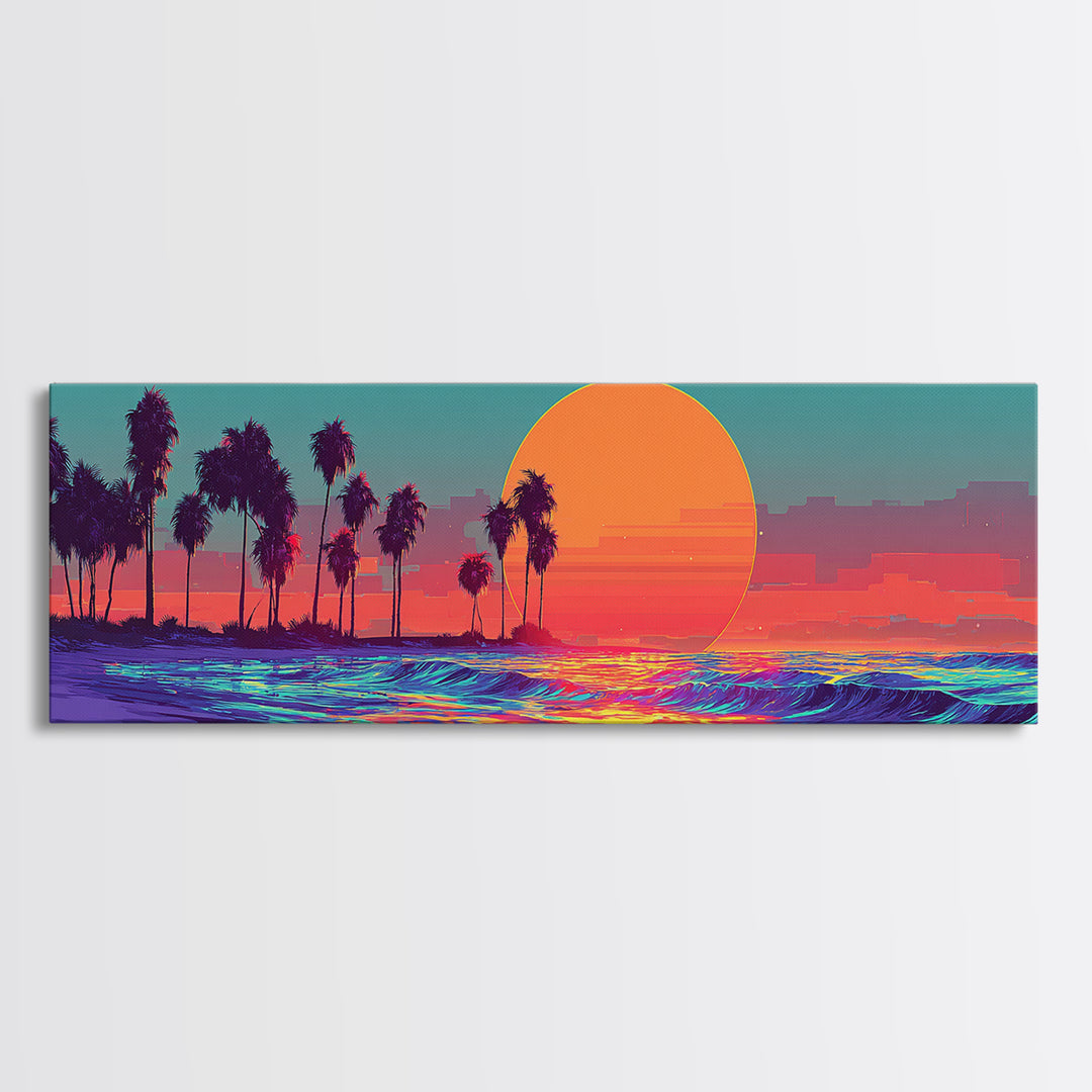 Neon Tropical Sunset Ocean Palms Canvas Print, Retro Vaporwave Wall Art, Coastal Decor, Beach House, Living Room Decor, Art Print