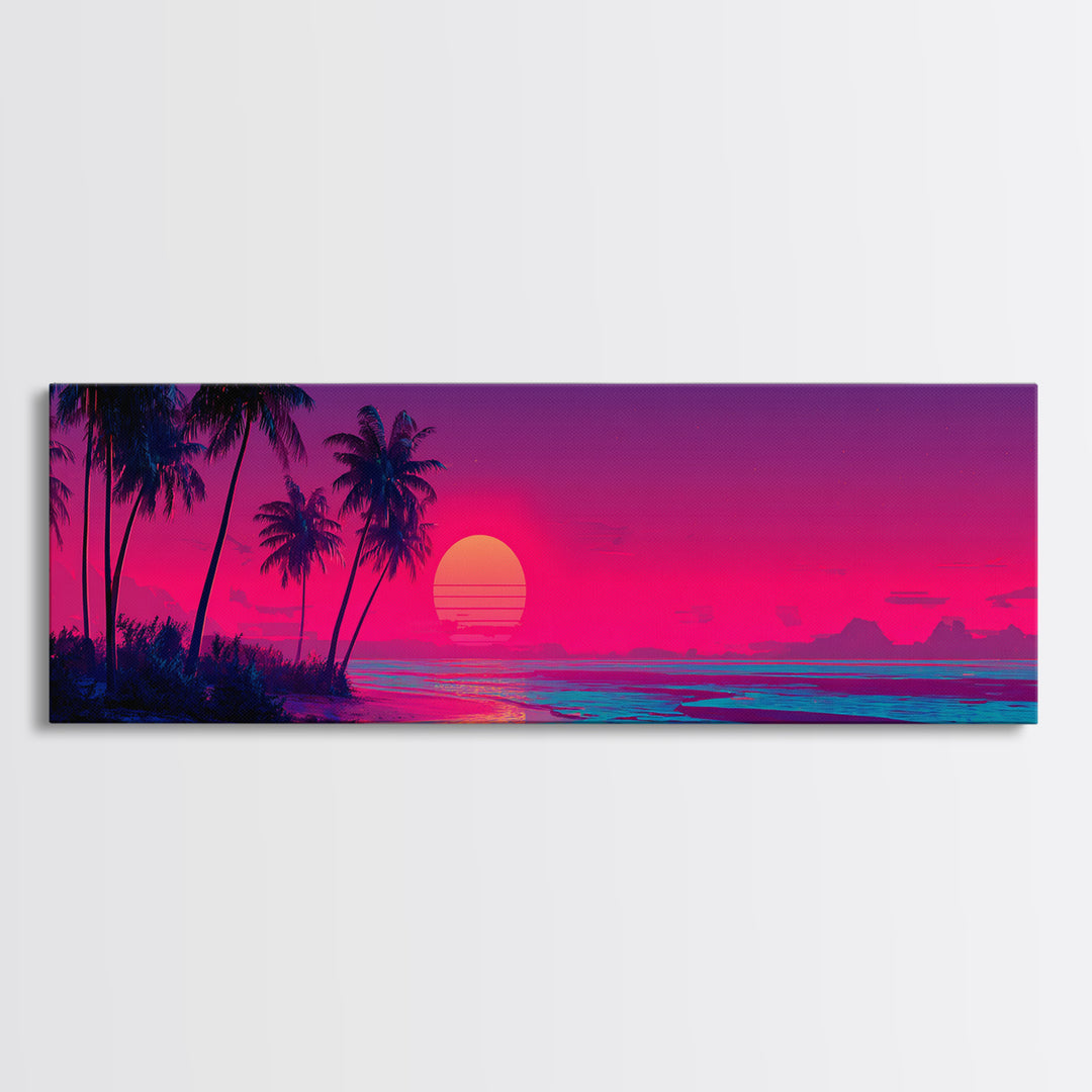 Tropical Palm Beach Sunset Wall Art, Neon Coastal Canvas Print, Pink Ocean Decor, Retro Island Housewarming Gift For Her
