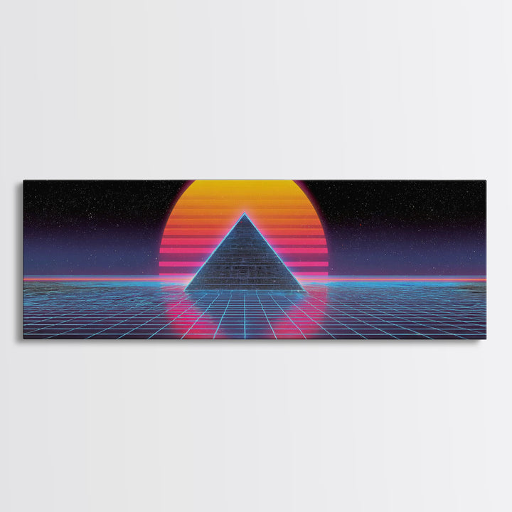 Neon Pyramid Grid Wall Art, Retro Futuristic Space Canvas Print, Synthwave Gaming Room Decor, Vaporwave Statement Art Gift