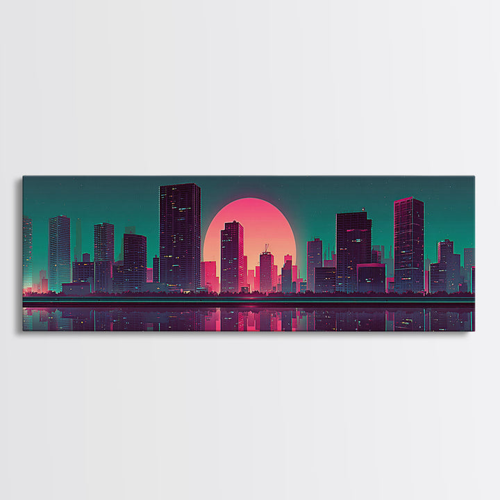 Neon City Skyline Reflection Canvas Print, Retro Futuristic Wall Art, Cyberpunk Office Decor, Modern Apartment Decor, Gift For Him