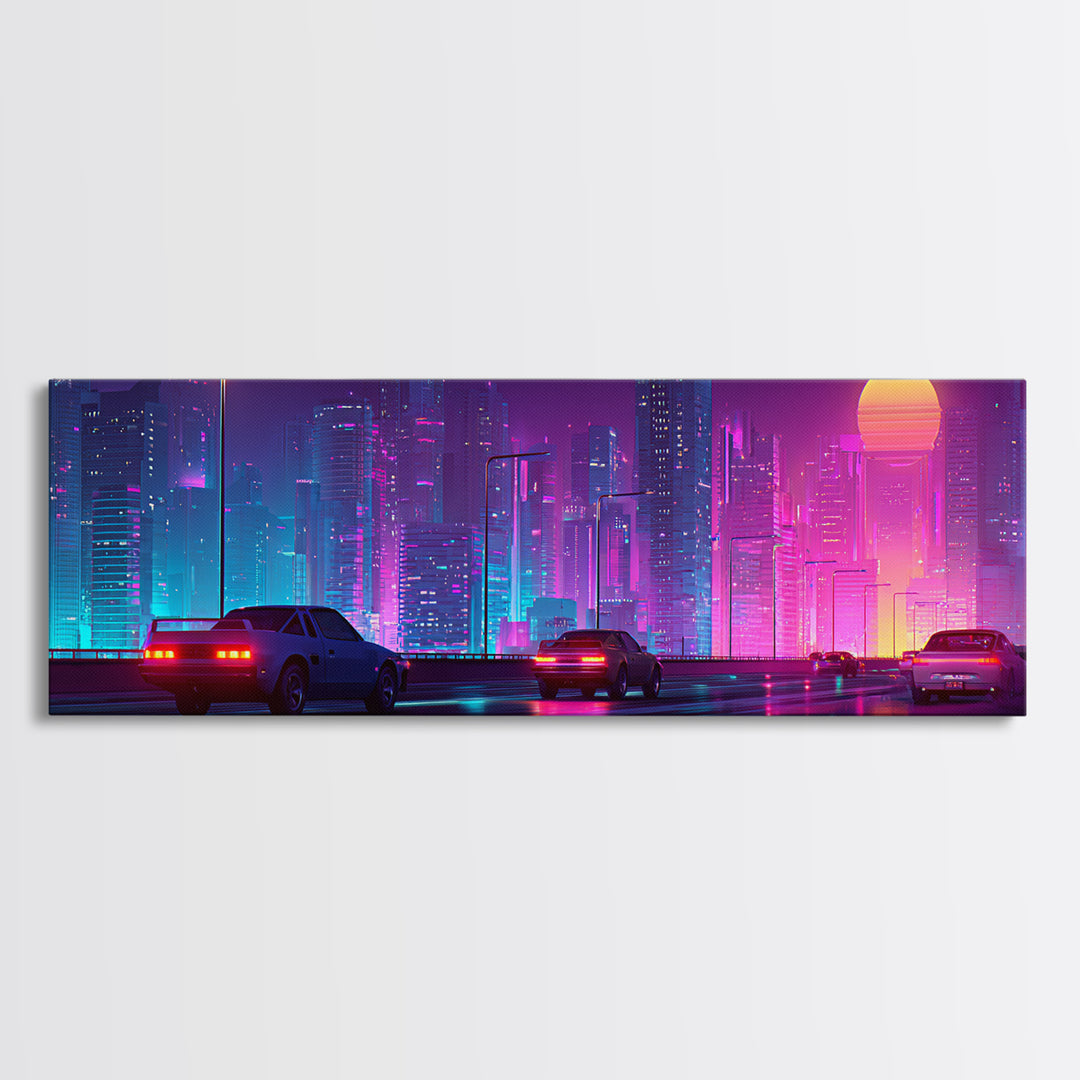 Cyberpunk Neon City Highway Canvas Print, Futuristic Car Wall Art, Synthwave Gaming Room Decor For Office And Man Cave Wall Decor