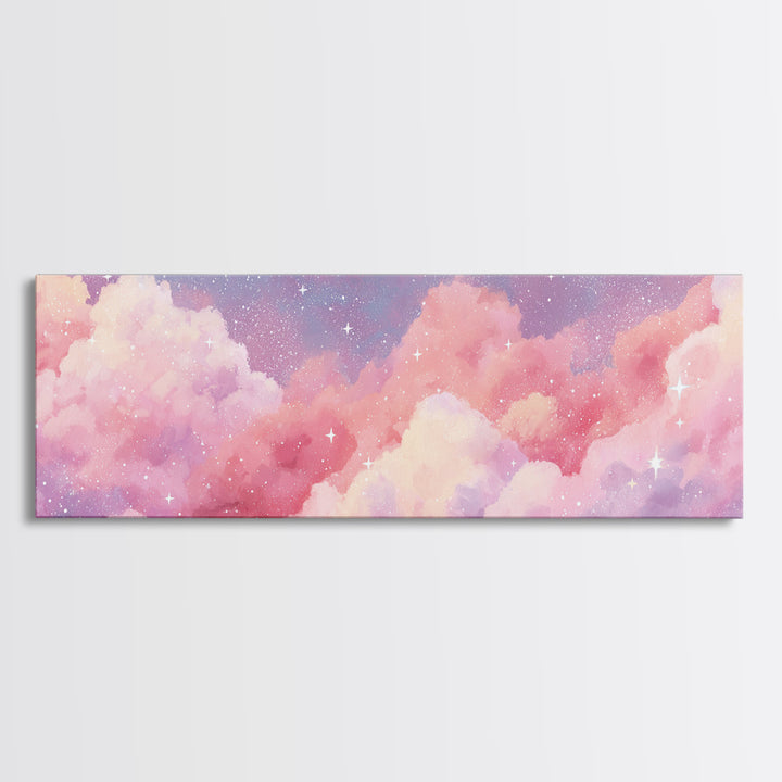Pink Cotton Candy Clouds Wall Art, Dreamy Celestial Sky Print, Starry Nursery Decor, Pastel Bedroom Canvas Art Gift For Her