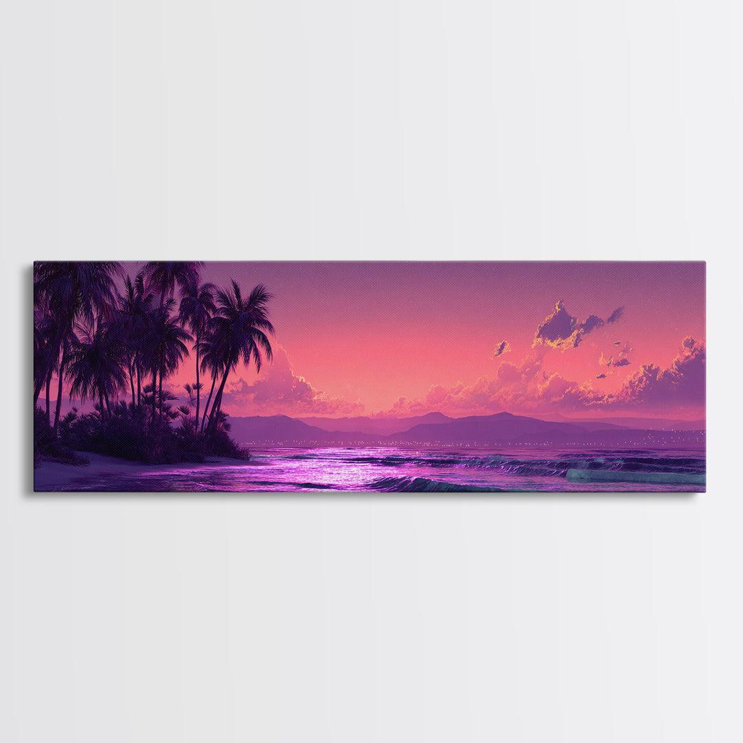 Tropical Purple Beach Sunset Wall Art, Palm Tree Ocean Landscape Canvas Print, Coastal Decor, Romantic Bedroom And Living Room Art