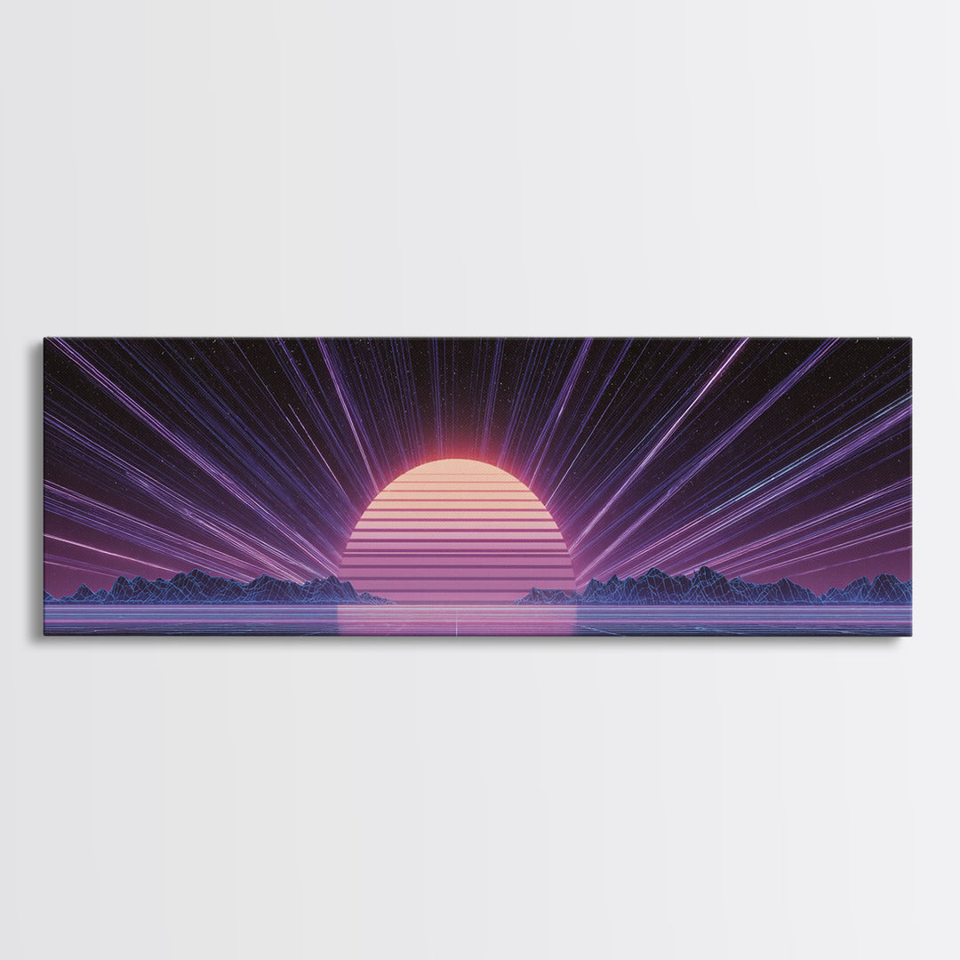 Retro Futuristic Sun Over Neon Lake Canvas Print, Synthwave Wall Art, Vaporwave Poster, Gaming Room Decor, Cyberpunk Gift