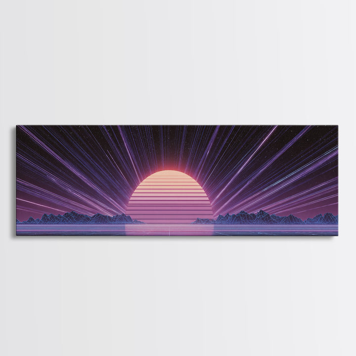 Retro Futuristic Sun Over Neon Lake Canvas Print, Synthwave Wall Art, Vaporwave Poster, Gaming Room Decor, Cyberpunk Gift