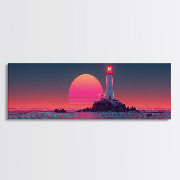Neon Lighthouse Sunset Over Ocean, Synthwave Coastal Wall Art, Retro Futuristic Canvas Print, Large Beach House Decor, Wall Decor