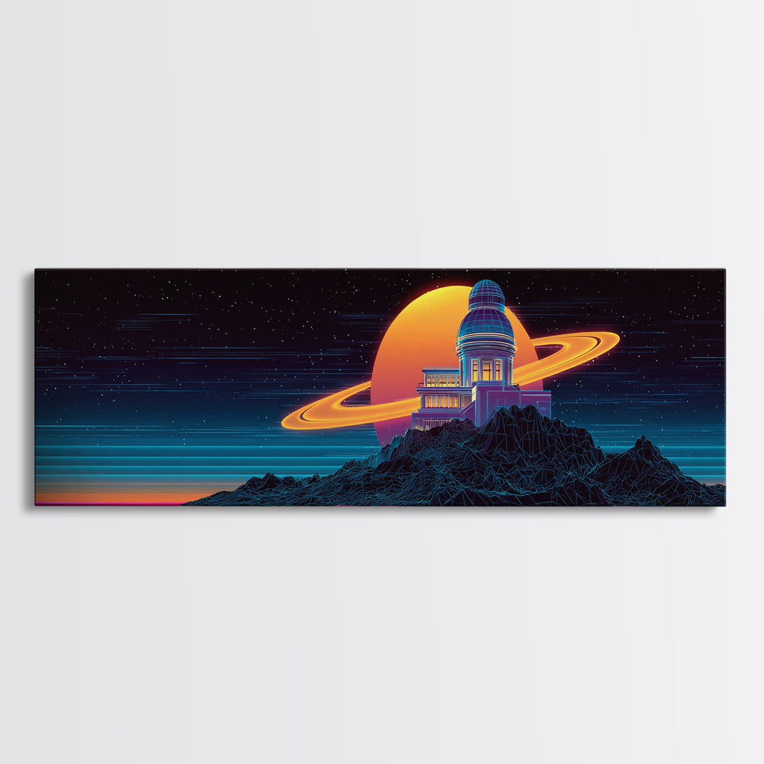 Retro Futuristic Observatory On Ringed Planet Canvas Print, Sci Fi Wall Art, Space Decor, Vaporwave Poster For Game Room