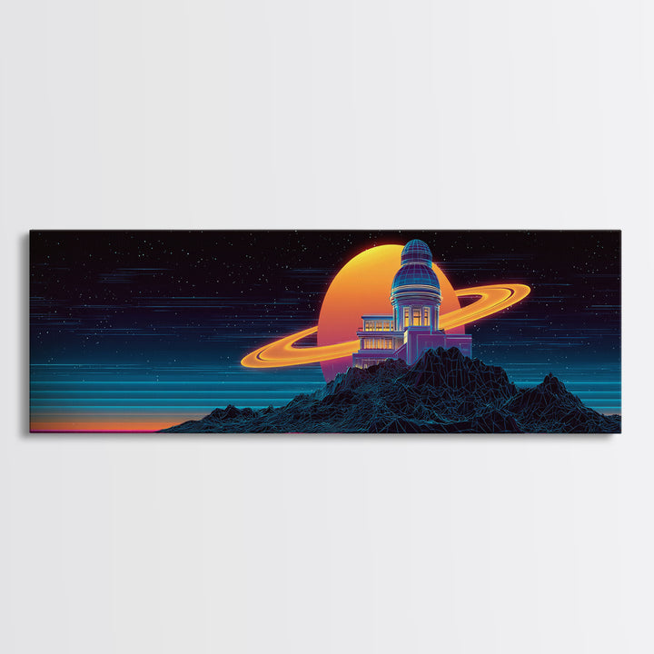 Retro Futuristic Observatory On Ringed Planet Canvas Print, Sci Fi Wall Art, Space Decor, Vaporwave Poster For Game Room