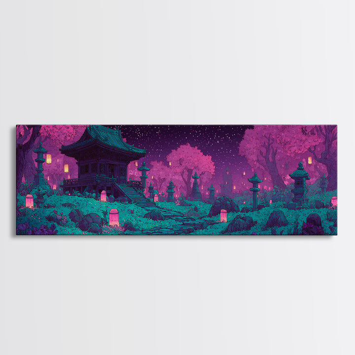 Pixel Art Cherry Blossom Shrine Wall Art, Japanese Garden Canvas Print, Whimsical Lantern Decor For Maximalist Room Wall Decor