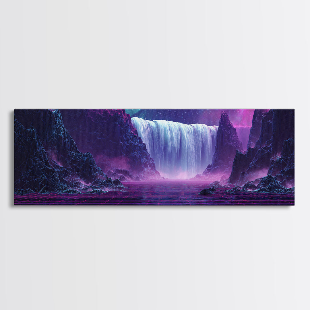 Alien Waterfall Galaxy Canvas Print, Futuristic Fantasy Landscape, Neon Sci Fi Wall Decor, Vibrant Space Art For Gamer Room