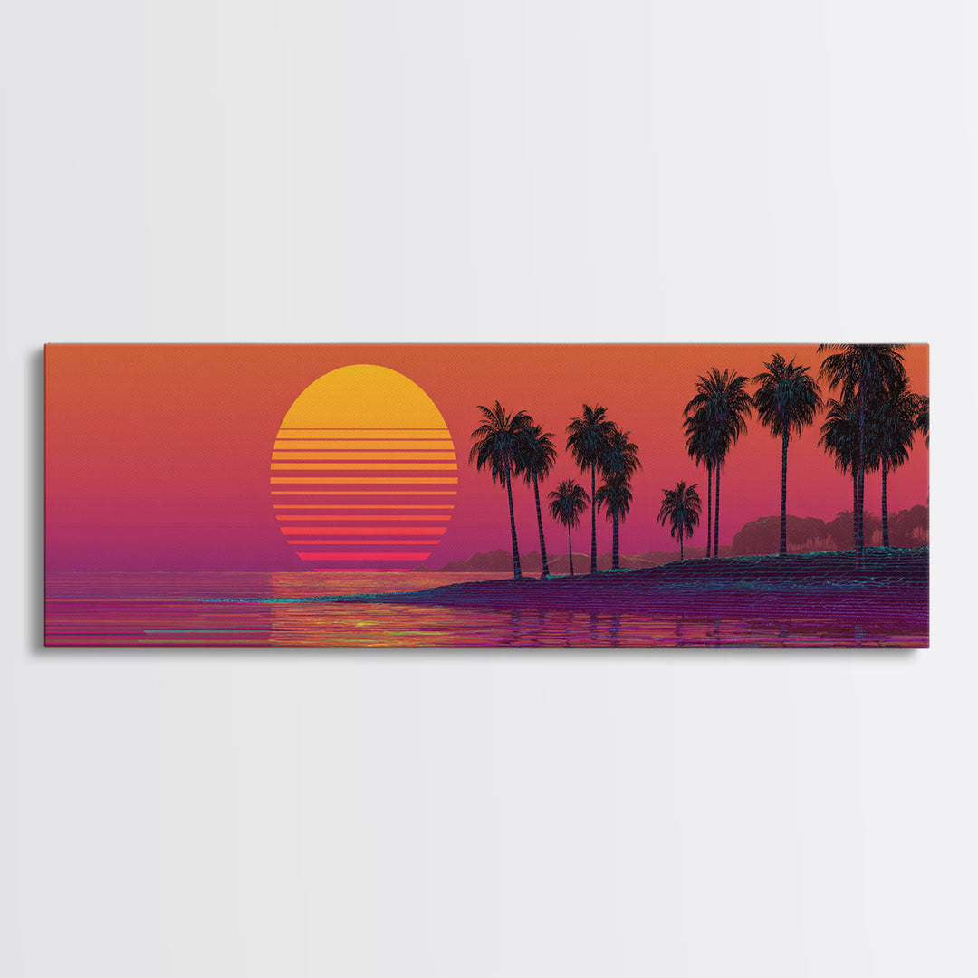 Retro Palm Beach Sunset Canvas Print, Tropical Ocean Wall Art, Vaporwave Coastal Decor For Living Room And Bedroom Wall Decor