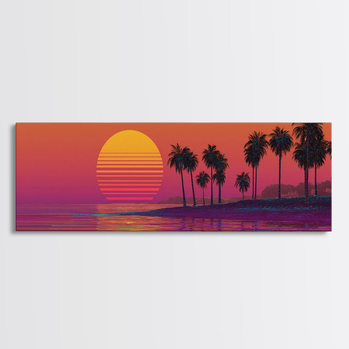Retro Palm Beach Sunset Canvas Print, Tropical Ocean Wall Art, Vaporwave Coastal Decor For Living Room And Bedroom Wall Decor