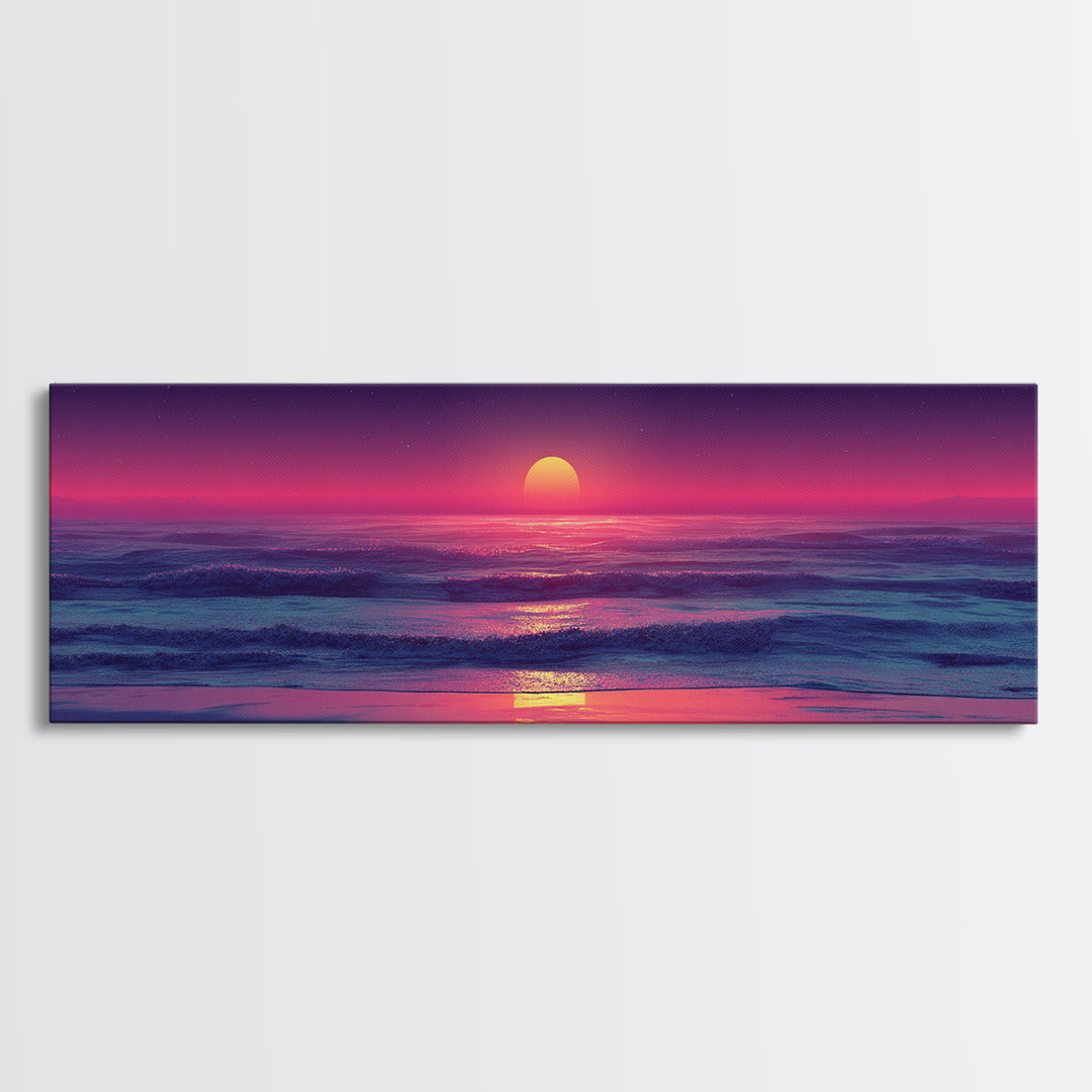 Pink Ocean Sunset Beach Canvas Print, Neon Seascape Wall Decor, Coastal Wall Art, Summer Beach House Living Room Decor Print