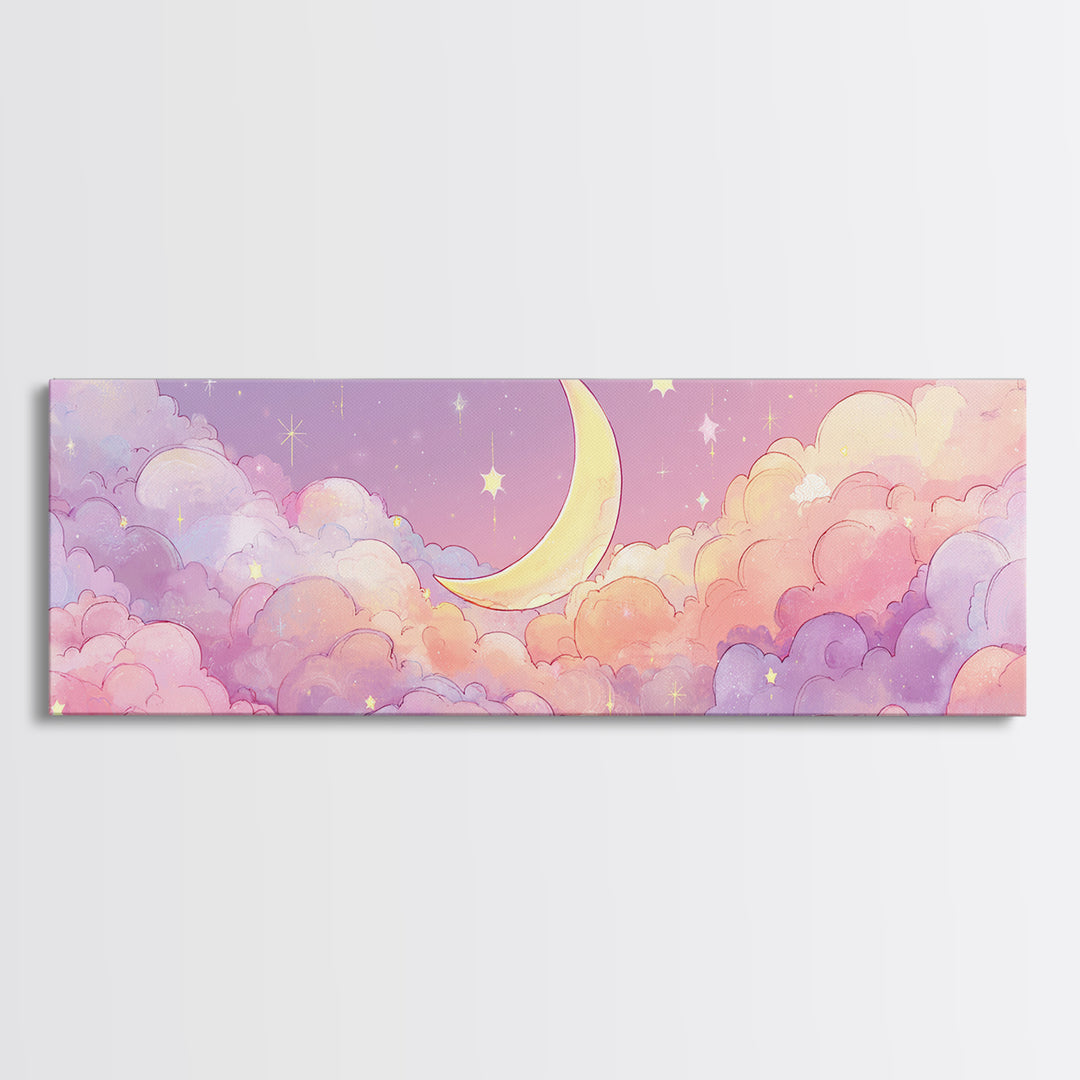 Cute Crescent Moon In Pastel Clouds Wall Art, Whimsical Celestial Nursery Decor, Pink Kids Room Canvas Print, Baby Shower Gift