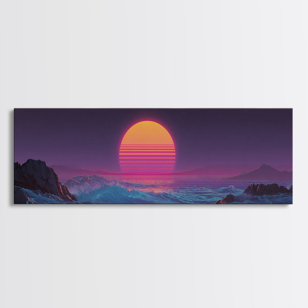 Neon Synthwave Sunset Over Alien Ocean Canvas Print, Retro Futuristic Wall Art, Vaporwave Coastal Bedroom Living Room Decor