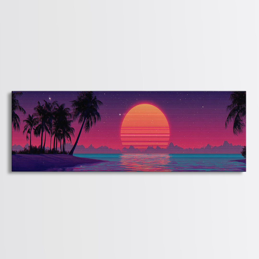 Neon Tropical Sunset With Palm Trees Wall Art, Retro Coastal Canvas Print, Beach House Decor, Large Panoramic Artwork For Living Room Decor