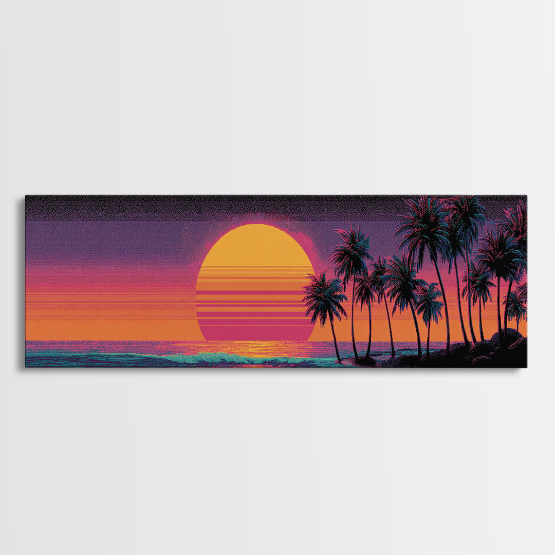 Vaporwave Palm Beach Sunset Wall Art, Retro Tropical Ocean Print, Neon Coastal Decor, Long Horizontal Canvas Print Poster
