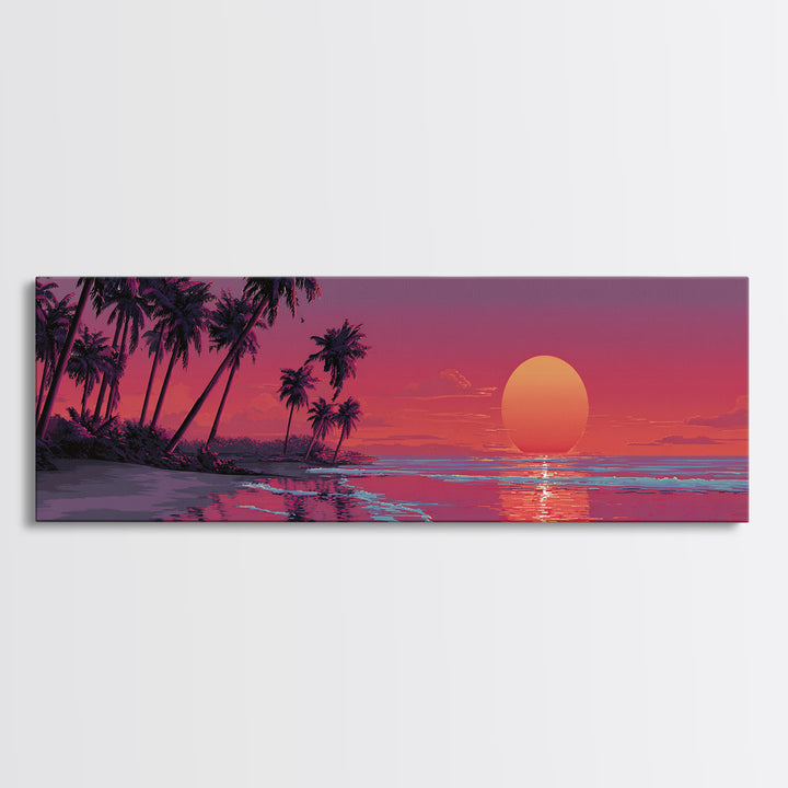 Tropical Palm Beach Sunset Wall Art, Pink Ocean Landscape, Coastal Canvas Decor, Large Horizontal Beach House Living Room Print