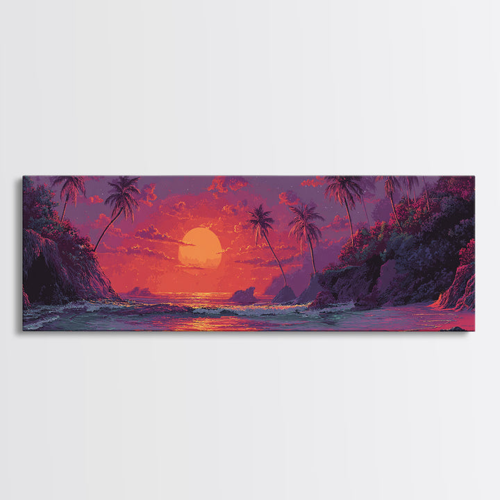 Vibrant Tropical Sunset Wall Art, Neon Palm Beach Seascape, Colorful Coastal Canvas Print, Island Living Room Home Decor Gift