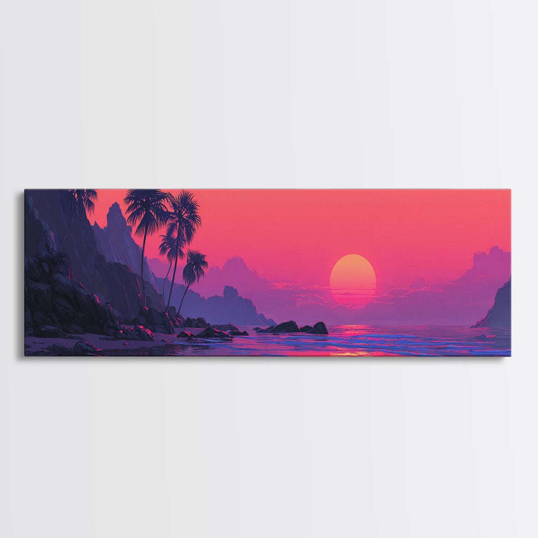 Magenta Tropical Cove Sunset Wall Art, Palm Island Ocean Landscape, Vaporwave Coastal Canvas Decor For Modern Living Room