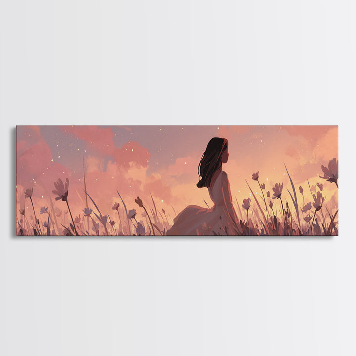 Sunset Girl In Wildflower Meadow Wall Art, Dreamy Feminine Landscape Print, Boho Bedroom Decor, Romantic Canvas Gift For Her
