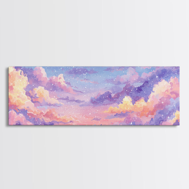 Pastel Starry Cloudscape Sunset Wall Art, Dreamy Sky Canvas Print, Whimsical Nursery Decor, Soft Aesthetic Bedroom Print