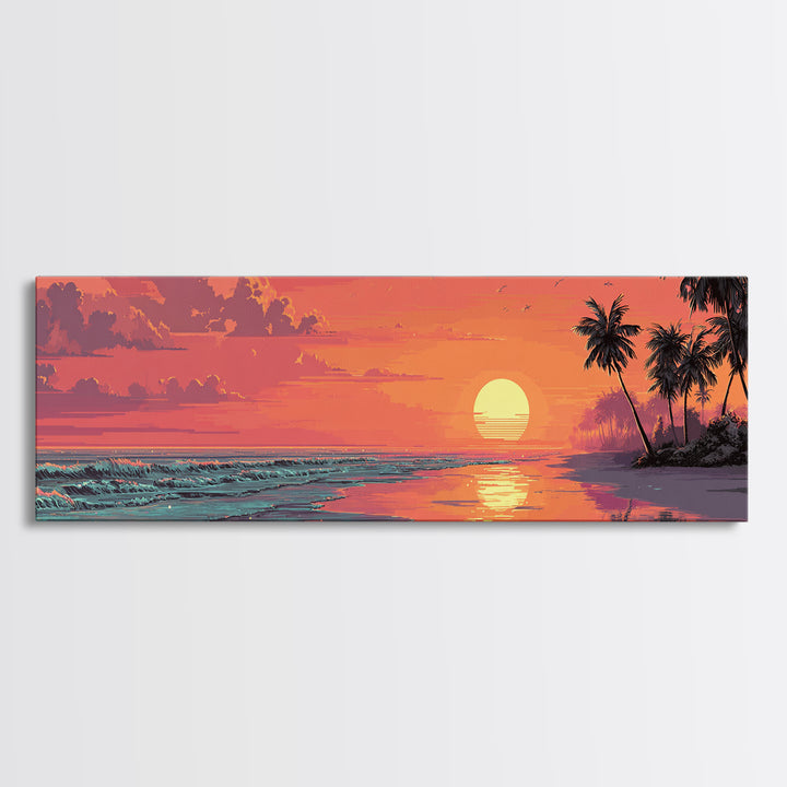 Pink Tropical Beach Sunset With Palm Trees Wall Art, Coastal Canvas Print, Ocean Decor, Summer Beach House Wall Decor, Living Room Art