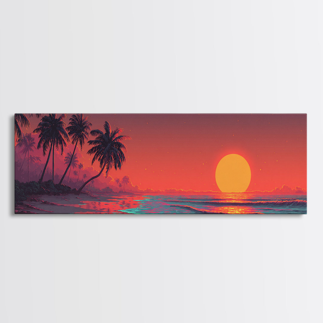 Tropical Palm Beach Sunset Wall Art, Ocean Canvas Print, Coastal Decor, Beach House Decor, Vibrant Living Room Art, Large Horizontal Art